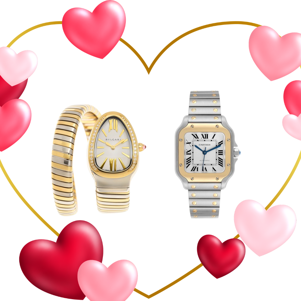 Pack couple Bvlgari Serpenti Silver white sertie et Cartier santos