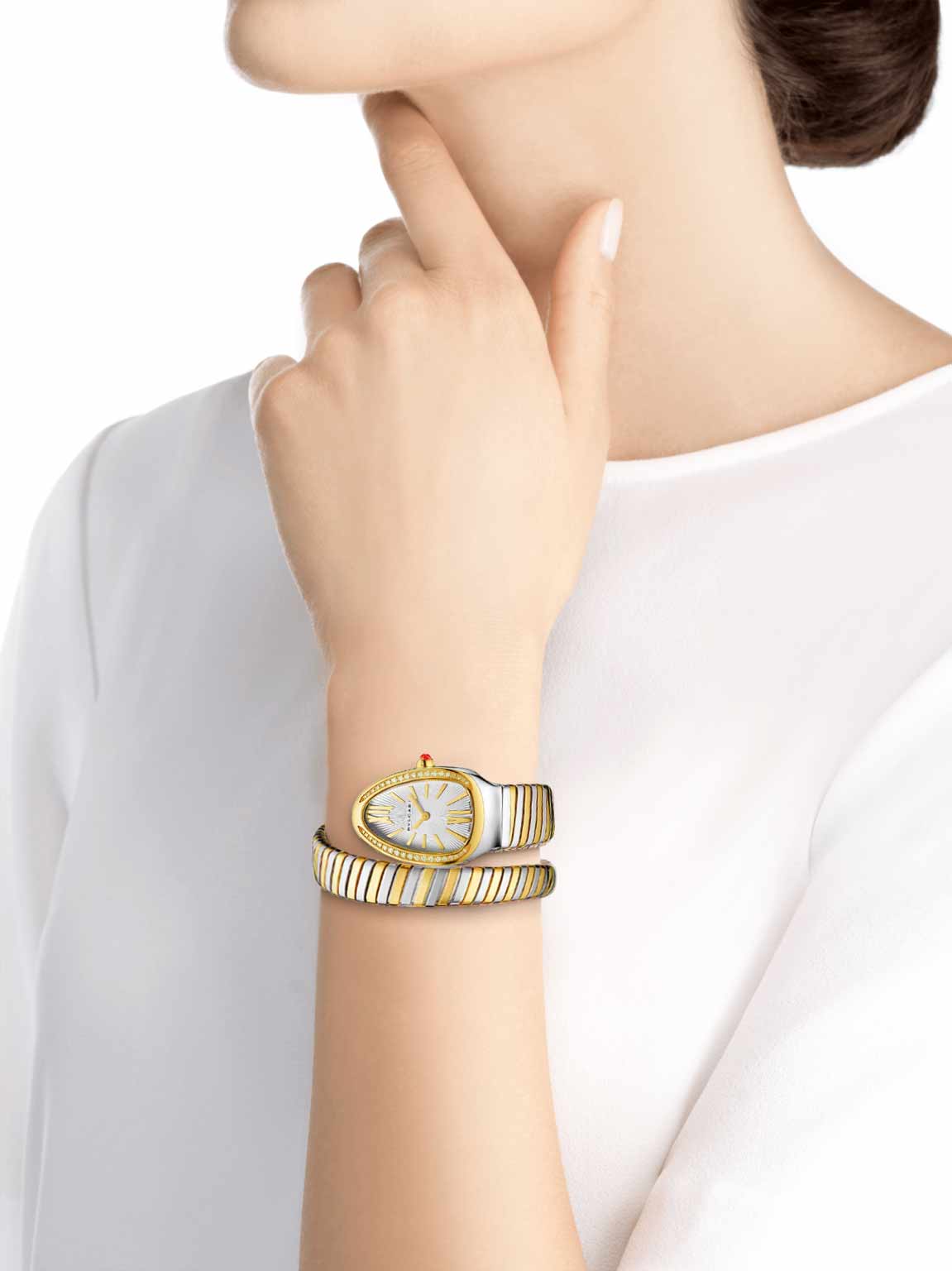 Pack couple Bvlgari Serpenti Silver white sertie et Cartier santos